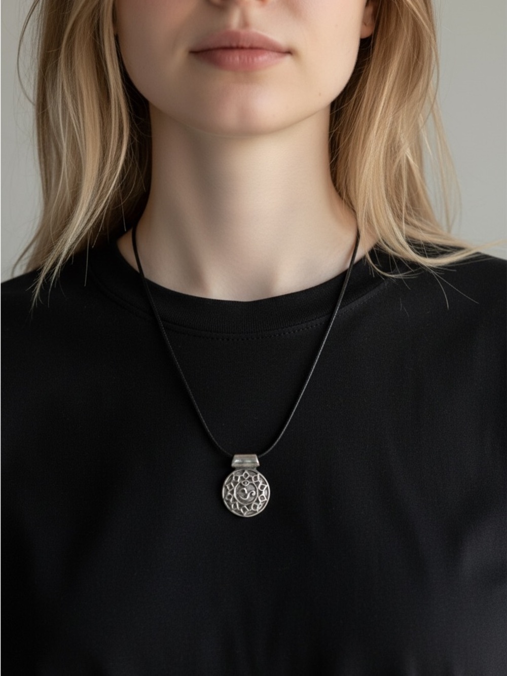 9/16 Silver Filigree Pendant Necklace on Black Cord